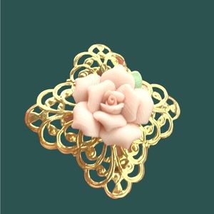 Vintage Pink Porcelain Rose Art Nouveau Brooch Pin